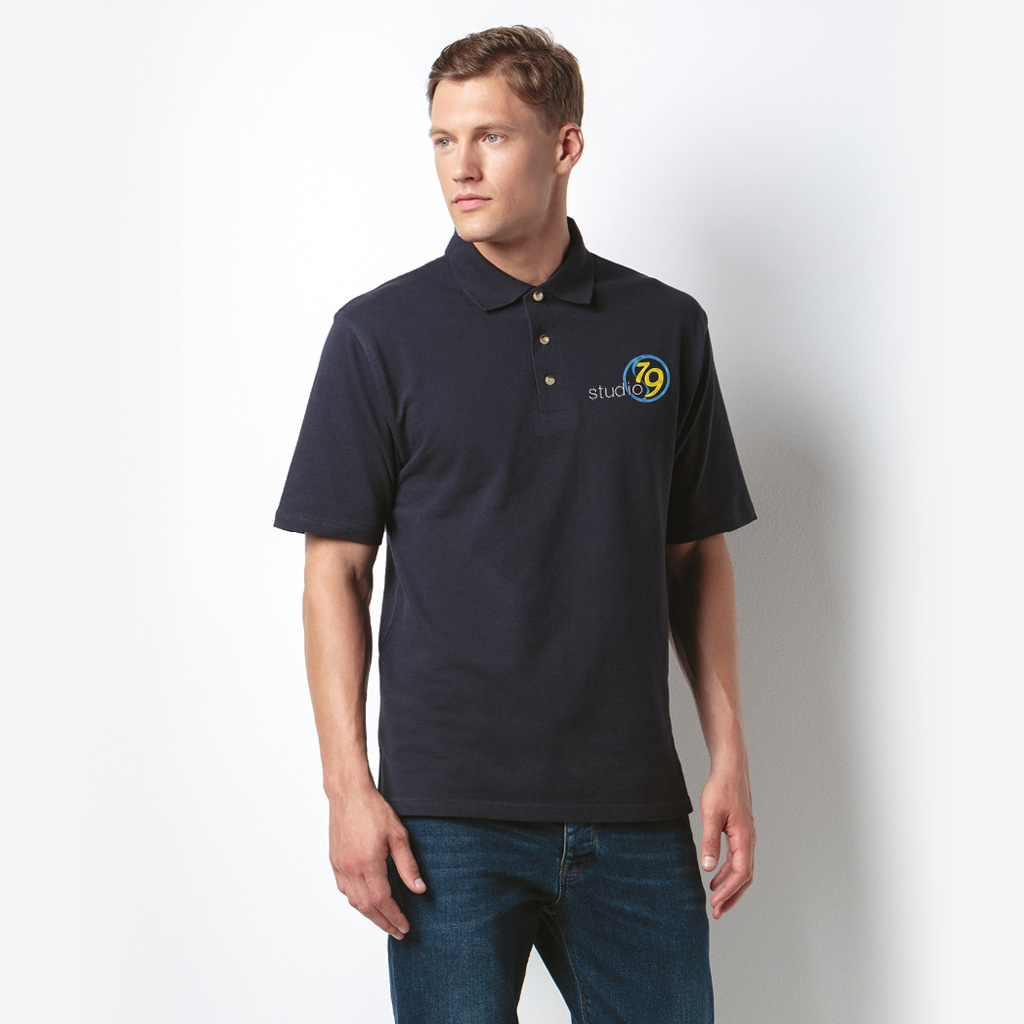 Model wearing embroidered Polo Shirt